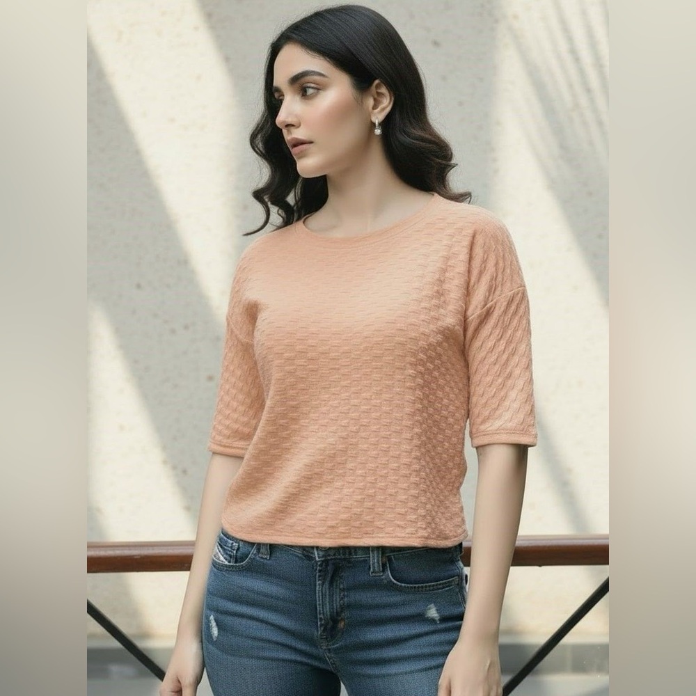 F21 Blush Pink Textured Women's Crop Top Short Sleeve large